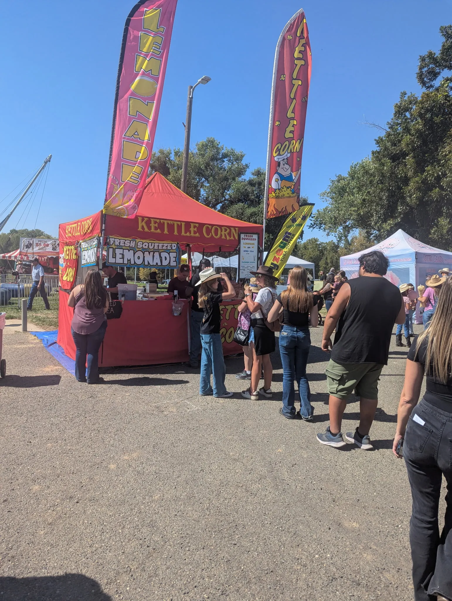A line of customers at the Baker's Kettle Corn & Lemon Shakers booth on a sunny fair day