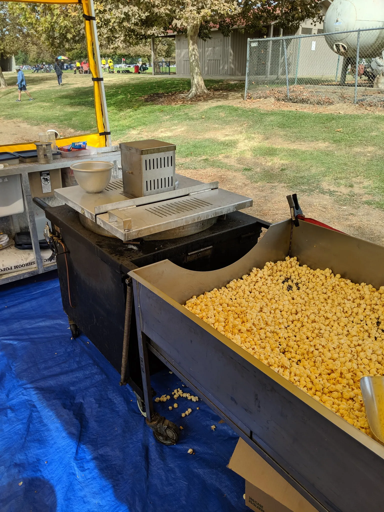 Fresh kettle corn cooling in the sifting tray beside the kettle