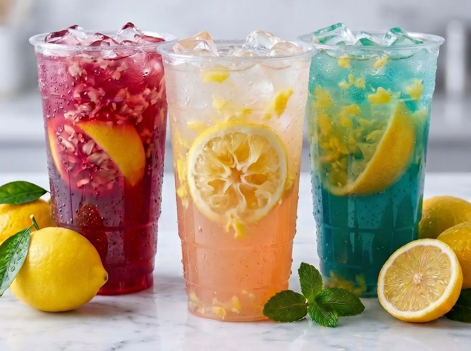 Three colorful fresh-squeezed lemon shakers over ice with lemon slices and mint